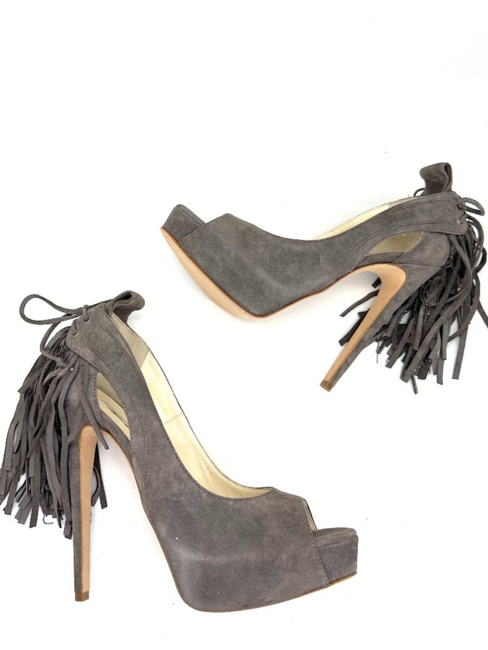 Brian Atwood VERNER Suede Fringe Platform Peep Open Toe Pumps Heels - Picture 11 of 14